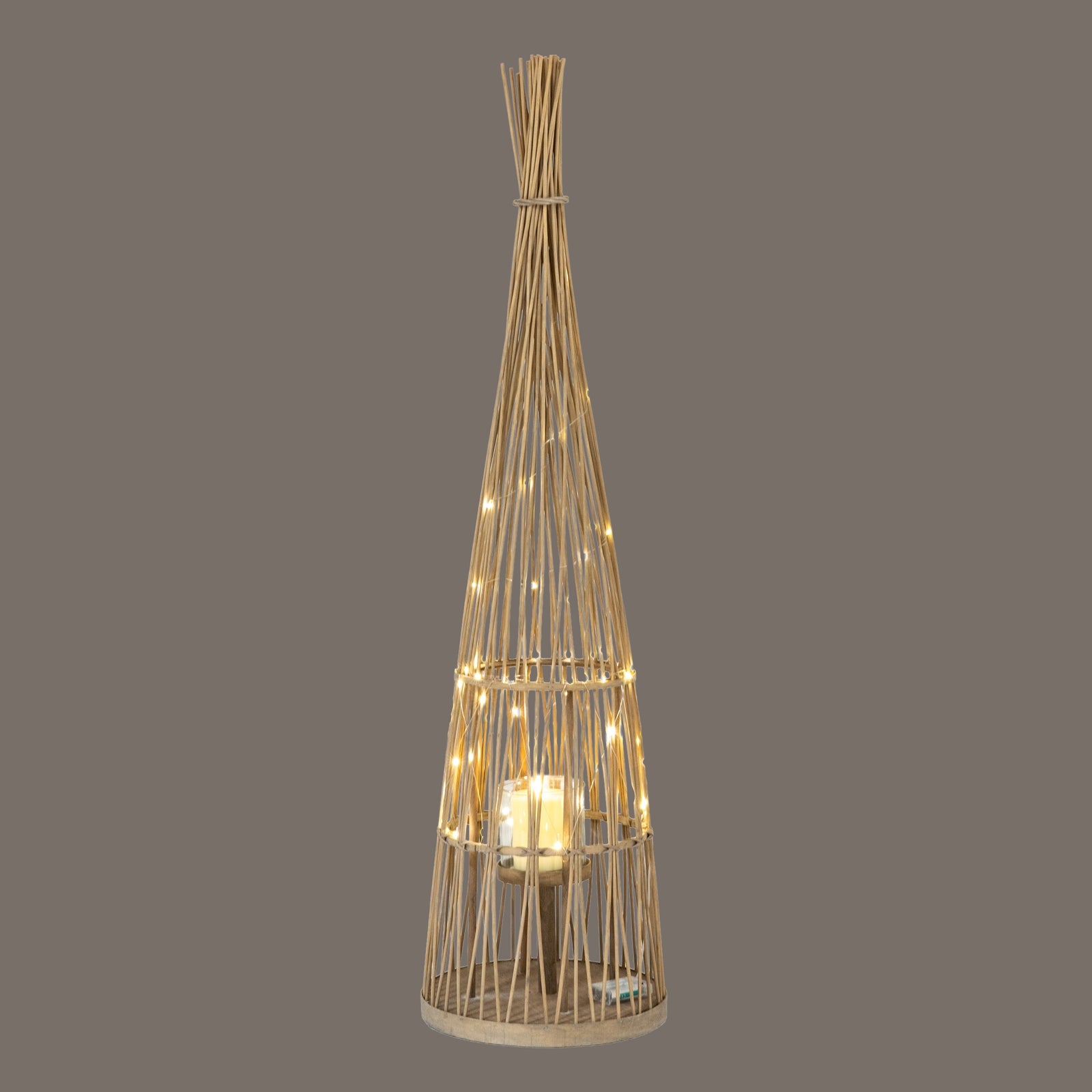 Large Conical Wicker Lantern With Glass Holder & LED Lights